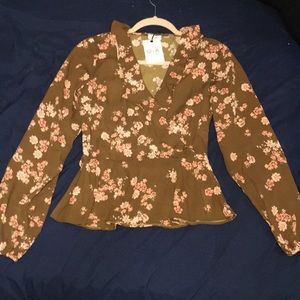 Brown Blouse with Pink flowers soft